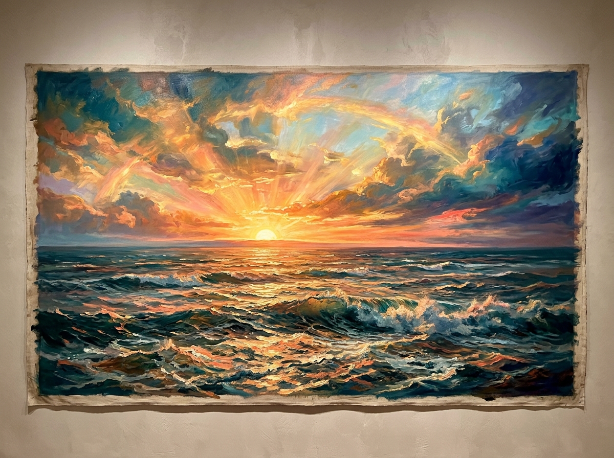 Eternal Dawn, an original oil painting of a sunrise over the ocean
