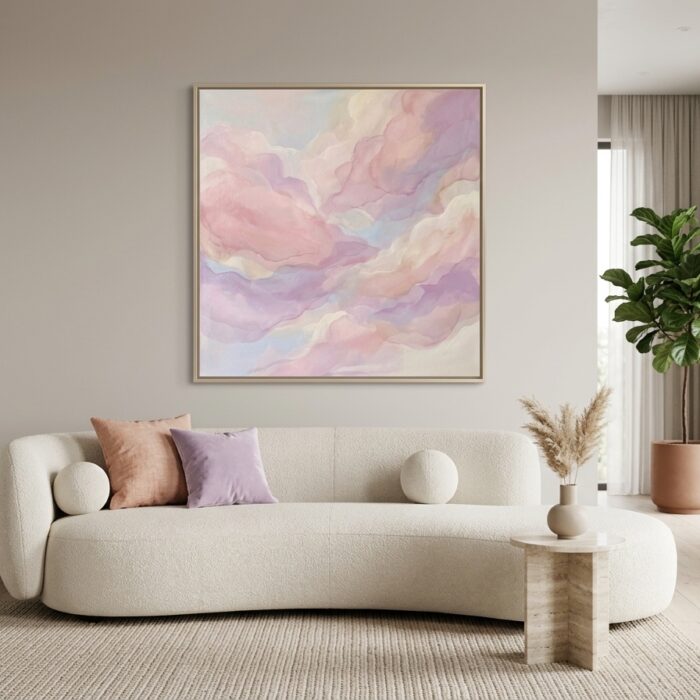 Blush Horizon framed and hung in a living room