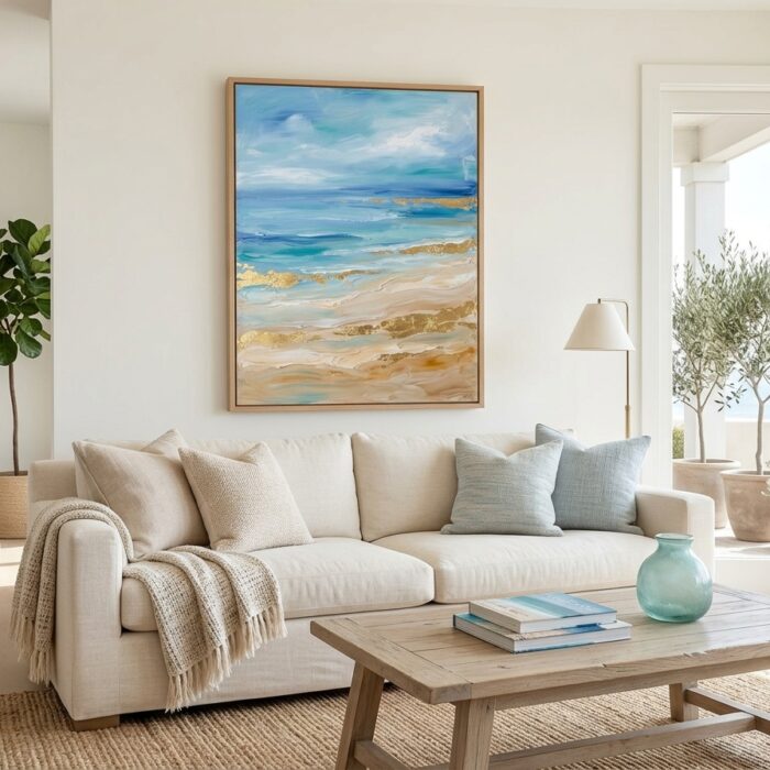 Coastal Reverie framed and hung in a living room