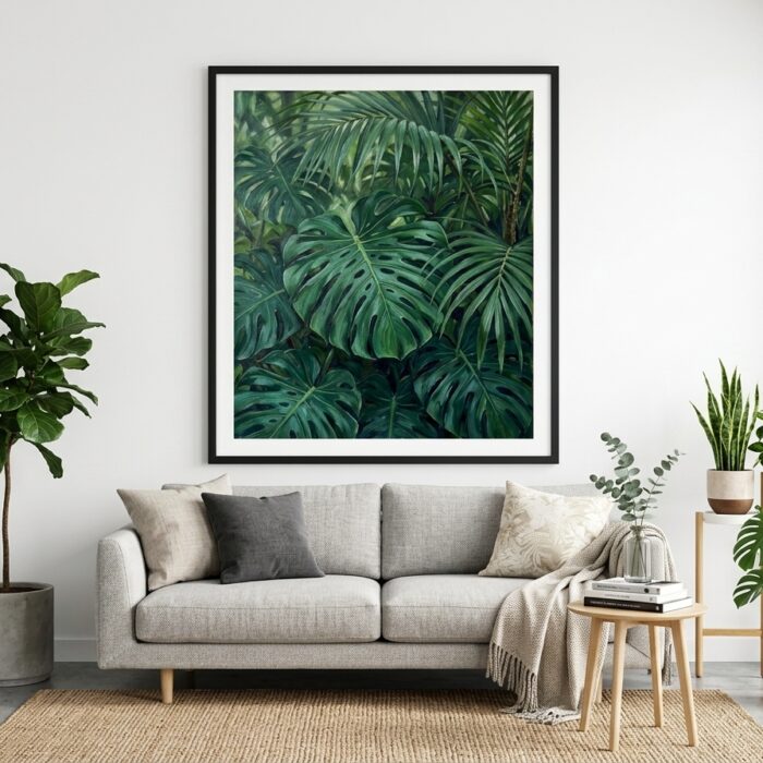Emerald Canopy framed and hung in a living room