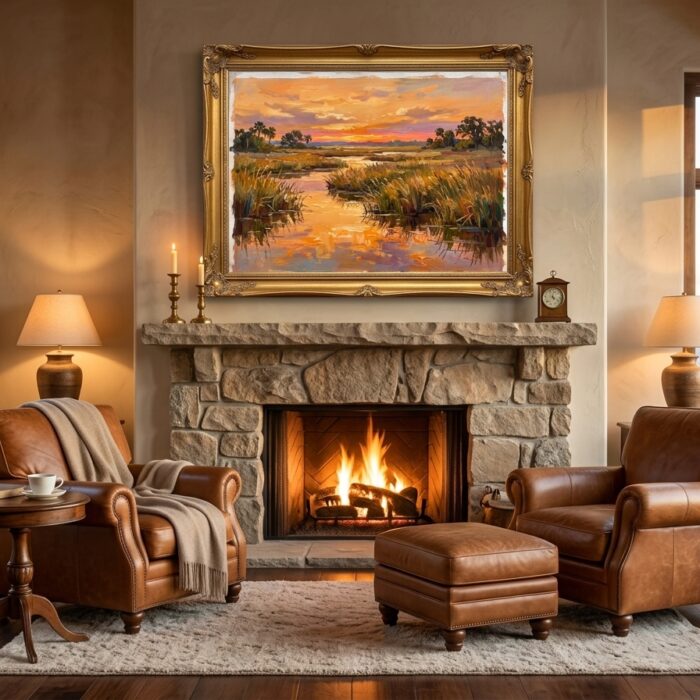 Golden Marsh framed and hung in a living room
