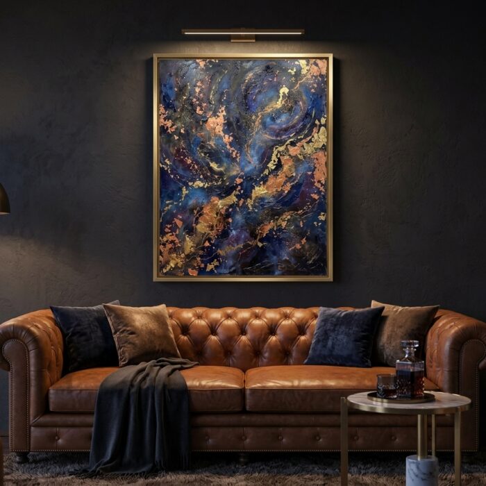 Midnight Gilt framed and hung in a living room
