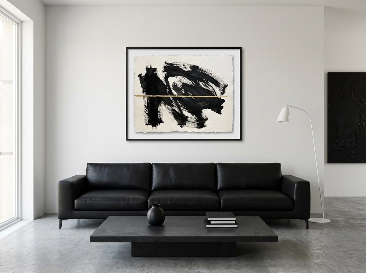 Noir Gesture framed and hung in a living room