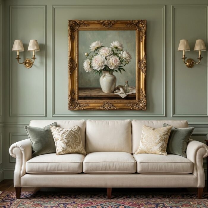 White Peonies framed and hung in a living room